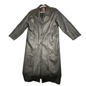 Vintage 90s Y2K Black Leather Trench‎ Coat L Matrix Cosplay Goth Dark Academia